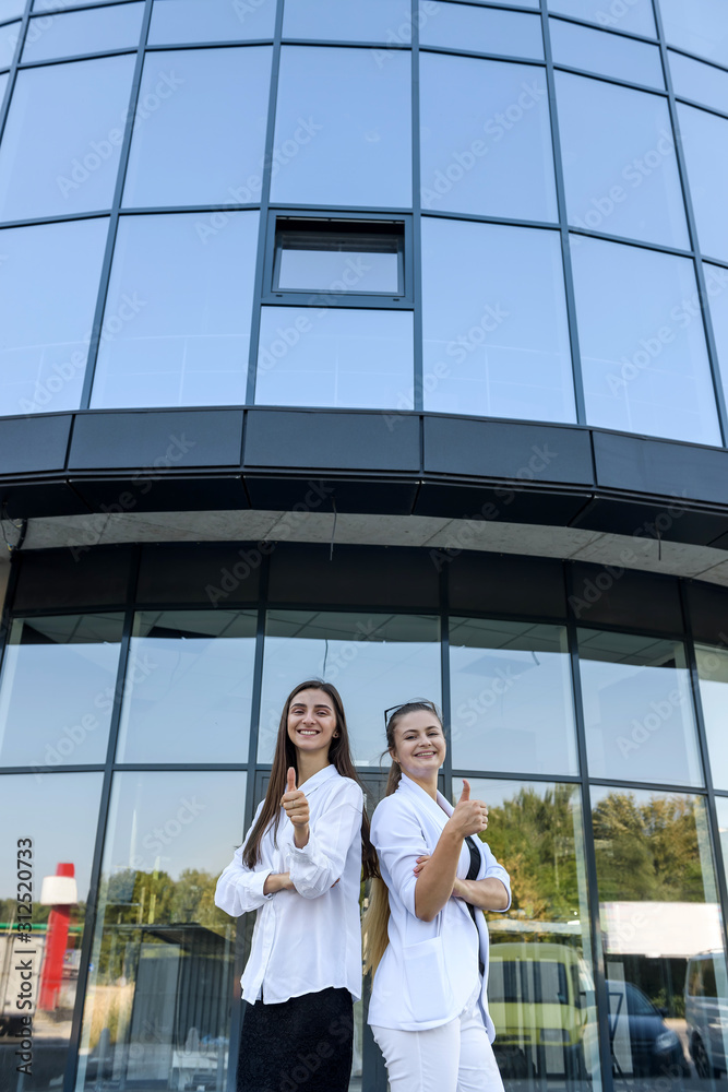 Two young business ladies negotiating near business center Two young business ladies negotiating near business center