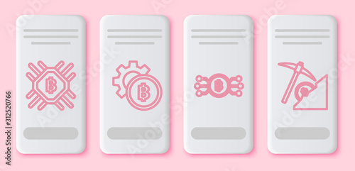 Set line CPU mining farm, Cryptocurrency coin Bitcoin, Cryptocurrency bitcoin in circle with microchip circuit and Cryptocurrency cloud mining. White rectangle button. Vector