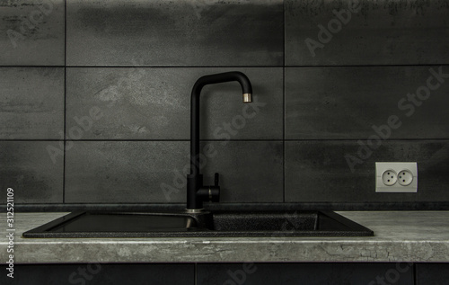The layout of the elements of the interior of a modern kitchen in a gray style. Model of the interior of the kitchen tap and sink.