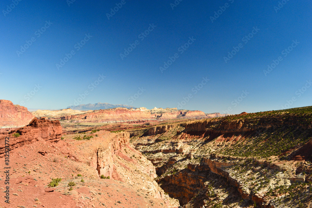 Extraordinary landscape, mountains and rocks views from viewpoint in the Capitol Reef national park in south central Utah