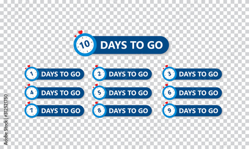 Number 1, 2, 3, 4, 5, 6, 7, 8, 9, 10, of days left to go. Collection badges sale, landing page, banner. vector illustration