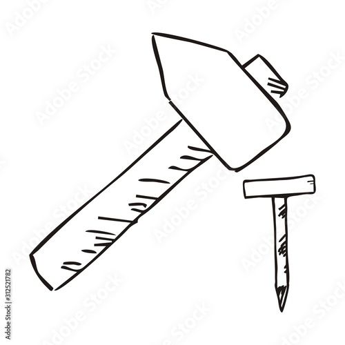 Hammer and nail, black and white vector icon