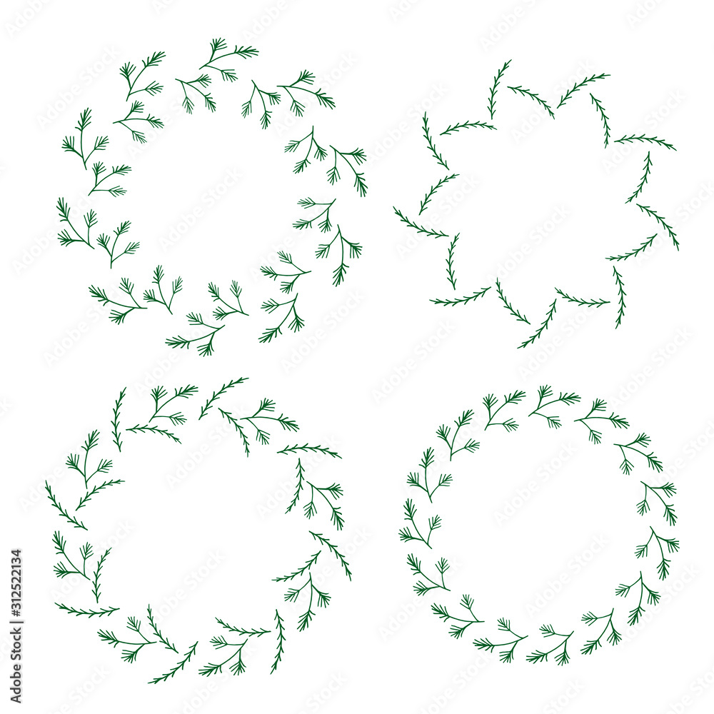 Four round frames made of fir and pine branches and christmas tree branches. Wreaths on white background for your design