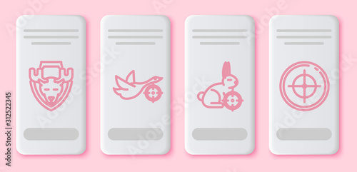 Set line Moose head on shield, Hunt on duck with crosshairs, Hunt on rabbit with crosshairs and Target sport for shooting competition. White rectangle button. Vector
