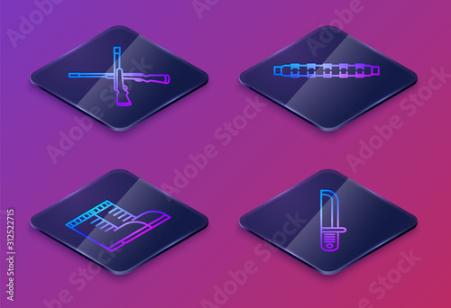 Set Isometric line Two crossed shotguns, Hunter boots, Hunting cartridge belt with cartridges and Hunter knife. Blue square button. Vector