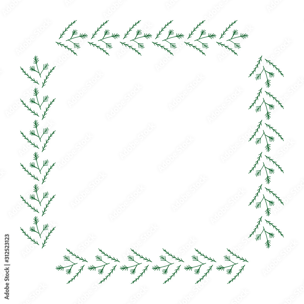Square frame made of fir and pine branches. Vector on white for your design