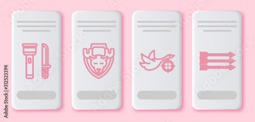 Set line Flashlight and knife, Moose head on shield, Hunt on duck with crosshairs and Hipster arrows. White rectangle button. Vector