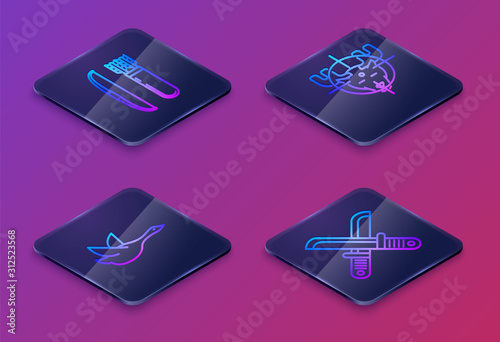 Set Isometric line Bow and arrow in quiver, Flying duck, Hunt on moose with crosshairs and Crossed hunter knife. Blue square button. Vector