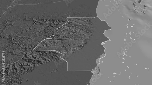 Stann Creek, district with its capital, zoomed and extruded on the bilevel map of Belize in the conformal Stereographic projection. Animation 3D photo