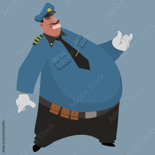 cartoon big and fat smiling man in policeman uniform
