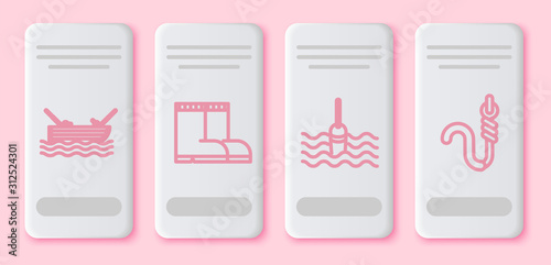 Set line boat with fishing rod on water, Fishing boots, Fishing float in water and Fishing hook and worm. White rectangle button. Vector