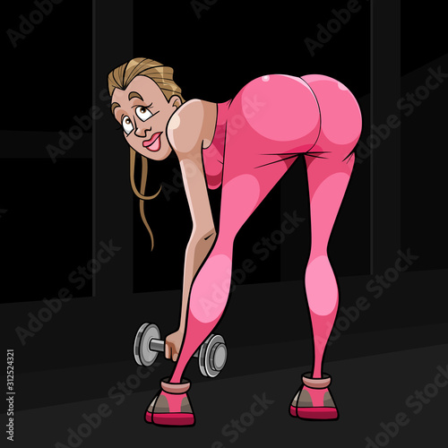 funny cartoon girl with full buttocks doing exercise