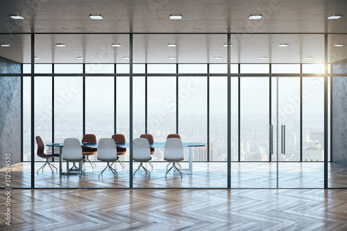 Modern meeting room interior with city view
