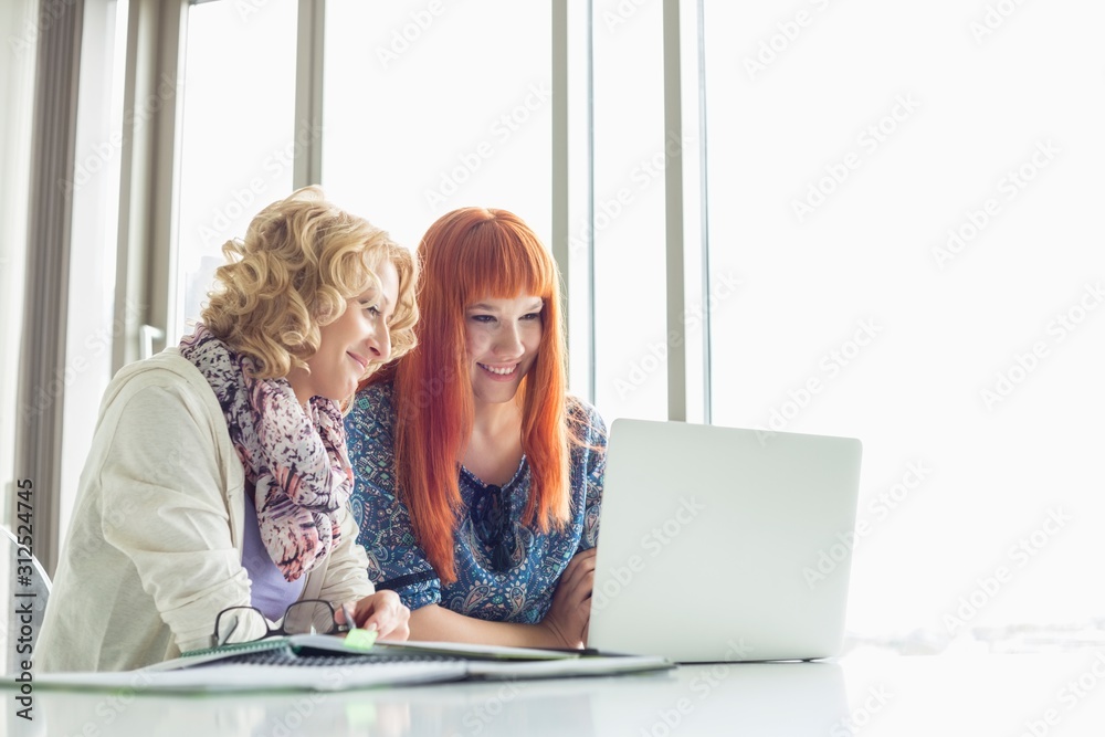 Smiling businesswomen using laptop together in creative office Smiling businesswomen using laptop together in creative office