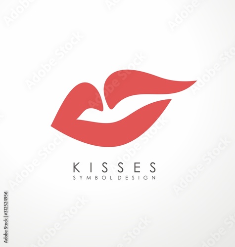 Kiss symbol design with soft red lips isolated on white background. Logo design concept for women fashion, cosmetics, beauty and spa or make up products. Vector icon or emblem illustration.
