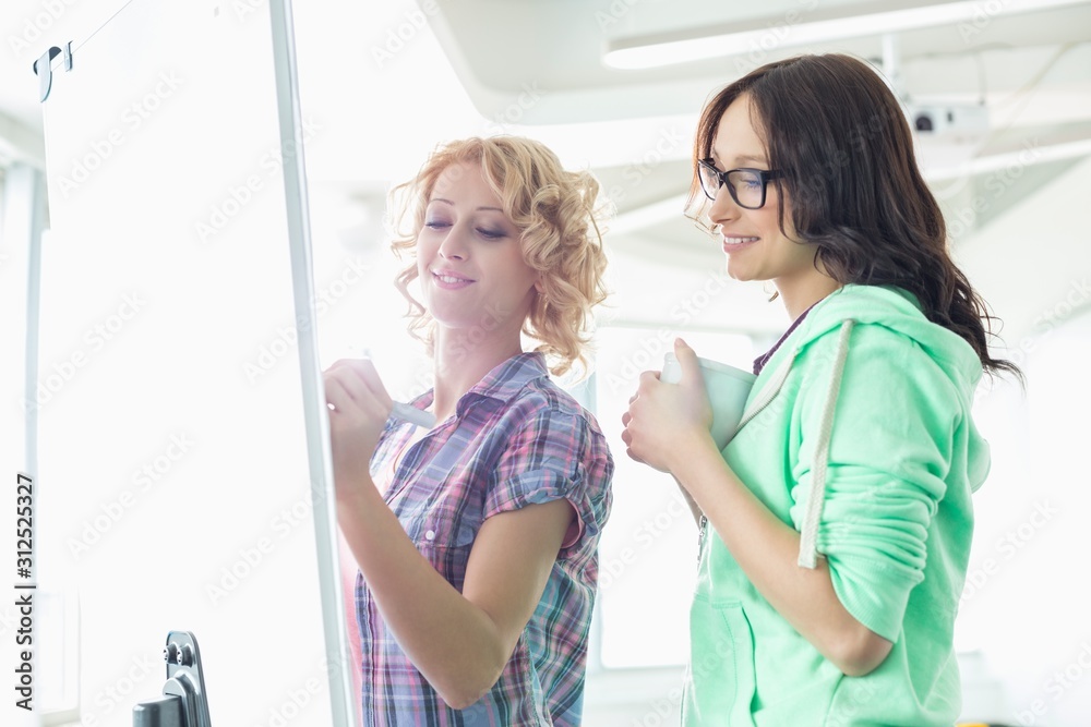 Smiling businesswomen preparing presentation on whiteboard in creative office