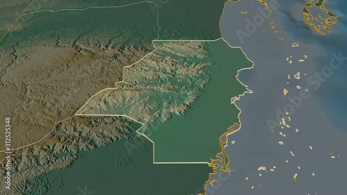 Stann Creek, district with its capital, zoomed and extruded on the relief map of Belize in the conformal Stereographic projection. Animation 3D photo