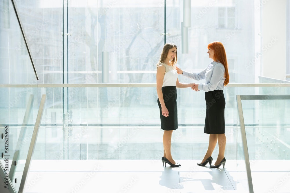 Full-length of businesswomen shaking hands at office hallway Full-length of businesswomen shaking hands at office hallway