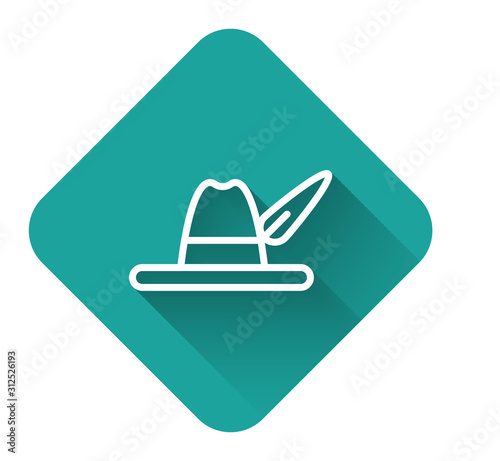 White line Oktoberfest hat icon isolated with long shadow. Hunter hat with feather. German hat. Green square button. Vector Illustration