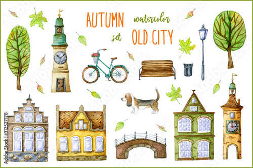 Cute old town houses, town hall, bell tower, bridge, cartoon trees, retro bike, basset hound dog, bench, old street lamp and trash can in Autumn watercolor Old City set isolated on white background