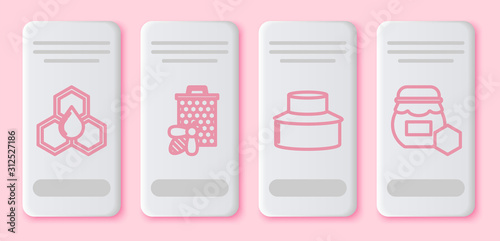Set line Honeycomb, Bee and honeycomb, Beekeeper with protect hat and Jar of honey. White rectangle button. Vector