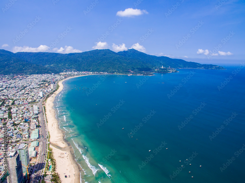 Aerial view of Da Nang beach which has many hotels and resorts.