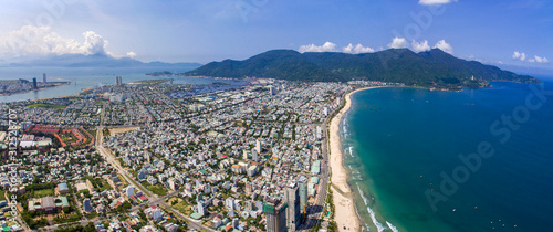 Aerial view of Da Nang beach which has many hotels and resorts.