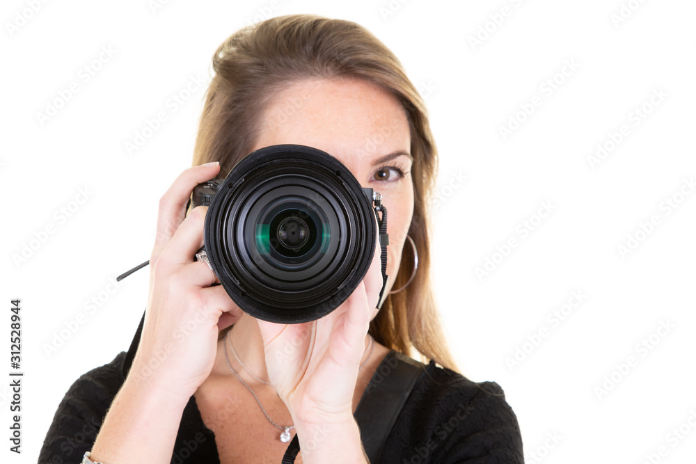 Portrait of smiling young blonde woman posing white background Portrait of smiling young blonde woman posing white background
