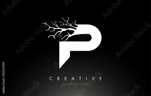 Letter P Design Logo with Creative Tree Branch. P Letter Tree Icon Logo
