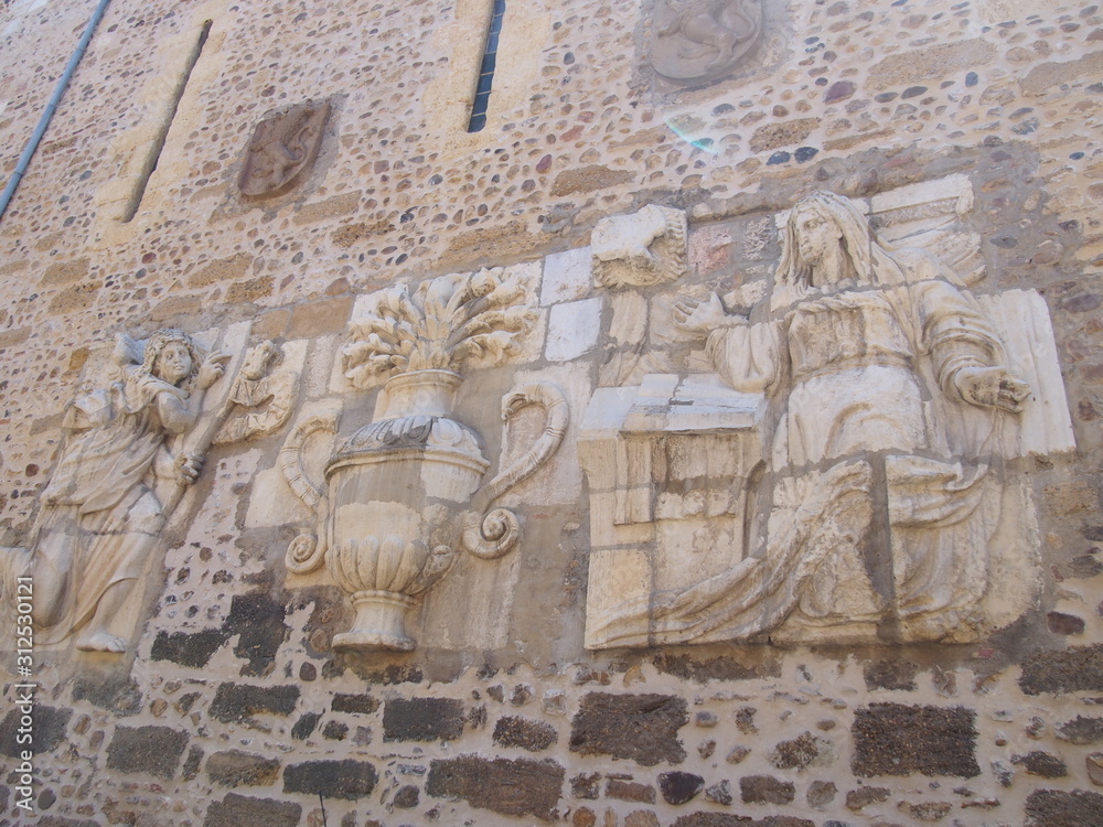 Beautiful stone carving on the church walls in Leon, Camino de Santiago, Way of St. James, Journey from Mansilla de las Mulas to Leon, French way, Spain