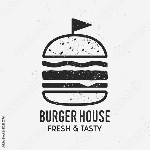 Burger House abstract logo or poster. Trendy vintage design. Burger silhouette isolated on white background. Vector illustration