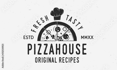 Pizza cook logo with pizza slice and chef cap. Cooking class template logo with grunge texture. Chef cap, Pizza. Vector illustration.