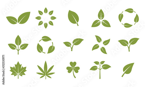 Vector set of ecology and nature icons. Logo, emblem, label design elements. Environment related icons set. Leaves, plants, ecology, nature, biodegradable, marijuana, clover.  photo