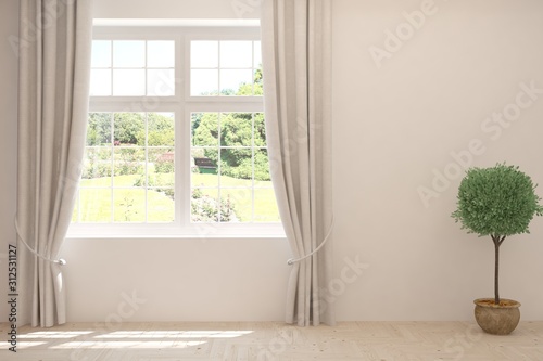Fototapeta Naklejka Na Ścianę i Meble -  Stylish empty room in white color with summer landscape in window. Scandinavian interior design. 3D illustration
