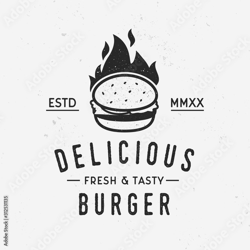 Delicious burger logo template with fire flame isolated on white background with grunge texture. Vector illustration