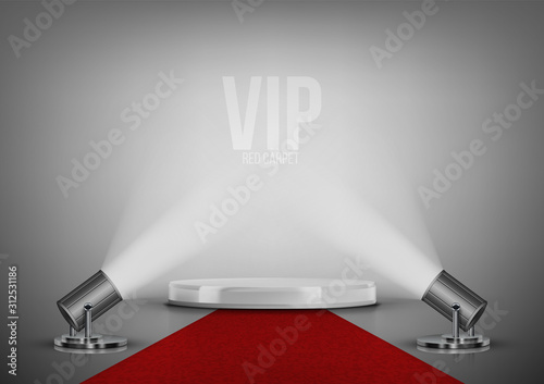 Round Stage Podium With Red Carpet And Spotlights