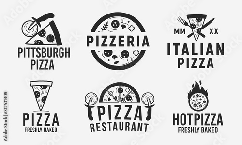 Collection of 6 pizza logo, emblems, labels and badges. Pizzeria, Pizza house, cafe, restaurant. Vector logo templates. 