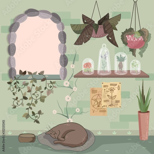 Inside witch tower room - many magic plant and paper with nap cat