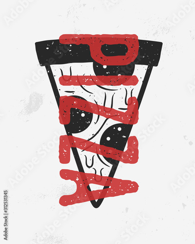 Vintage pizza logo, poster. Burger with grunge texture. Print for T-shirt, typography. Trendy poster for cafe, restaurant, fast food. Vector illustration