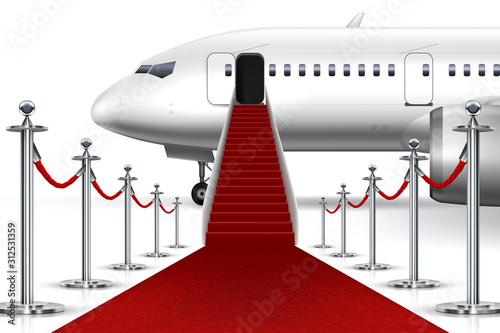 Solemn Boarding White Airplane With Red Carpet