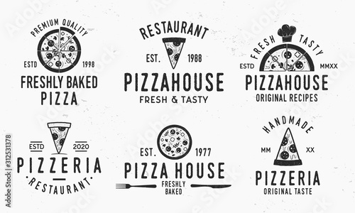 Vintage Pizza logotypes isolated on white background. Pizzeria emblems set with pizza slices, chef hat, knife, fork and grunge texture. Vector illustration