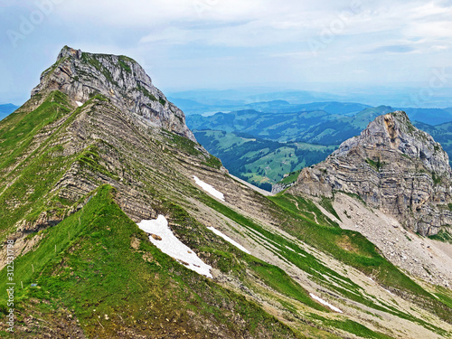 Alpine peak Diethelm above the Wagital or Waegital valley and alpine Lake Wagitalersee (Waegitalersee), Innerthal - Canton of Schwyz, Switzerland photo