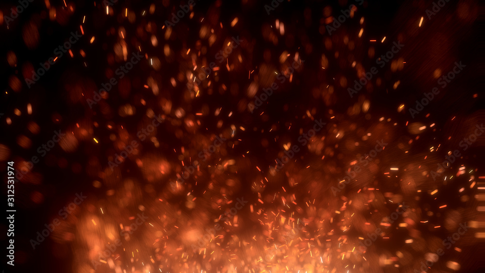 Burning red hot sparks fly from large fire in the night sky. Beautiful abstract background on the theme of fire, light and life. Burning embers glowing flying away particles over black background. Burning red hot sparks fly from large fire in the night sky. Beautiful abstract background on the theme of fire, light and life. Burning embers glowing flying away particles over black background.