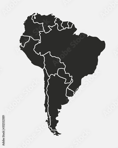 South America map isolated on a white background. Latin America background. Map of South America with regions. Vector illustration