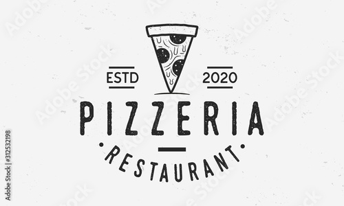 Pizza slice logo template. Vintage emblem, badge, label, poster for pizzeria, restaurant, cafe. Vector illustration.