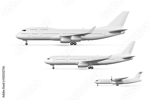 Blank White Airplane Or Airliner Side View Set