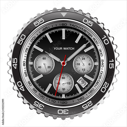 Realistic wristwatch face black steel chronograph luxury for men on white background vector illustration.