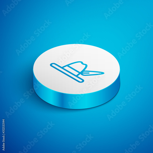 Isometric line Oktoberfest hat icon isolated on blue background. Hunter hat with feather. German hat. White circle button. Vector Illustration