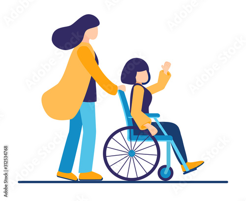 The sister helps the young relative of a disabled person in a wheelchair in transportation. Spend time together with fun and equal opportunities. Volunteer assistance.Vector flat illustration isolated