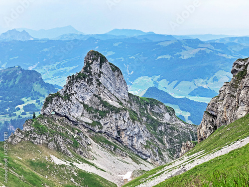 Alpine peak Waendlispitz or Wandlispitz above the Sihltal valley and artifical Lake Sihlsee, Studen - Canton of Schwyz, Switzerland photo